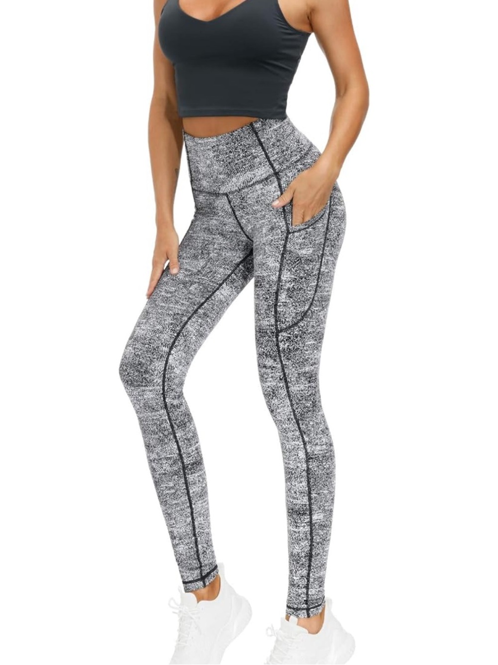 The Gym People High Waist Workout Leggings Pockets Black Grey NWT L